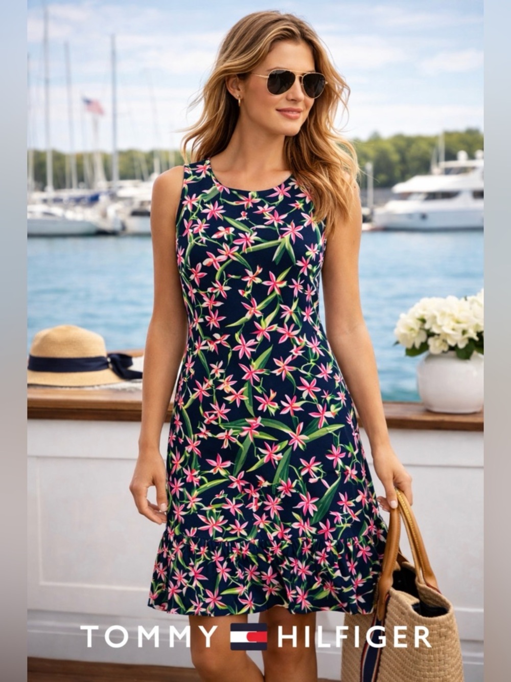 Tommy Hilfiger Floral Dress Size 8 Navy Pink Sleeveless Ruffle Hem Summer